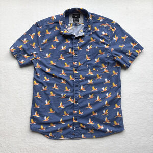Quiksilver Mens Large Hawaiian Shirt Bird Cockatoo Blue Short Sleeve Beach Surf